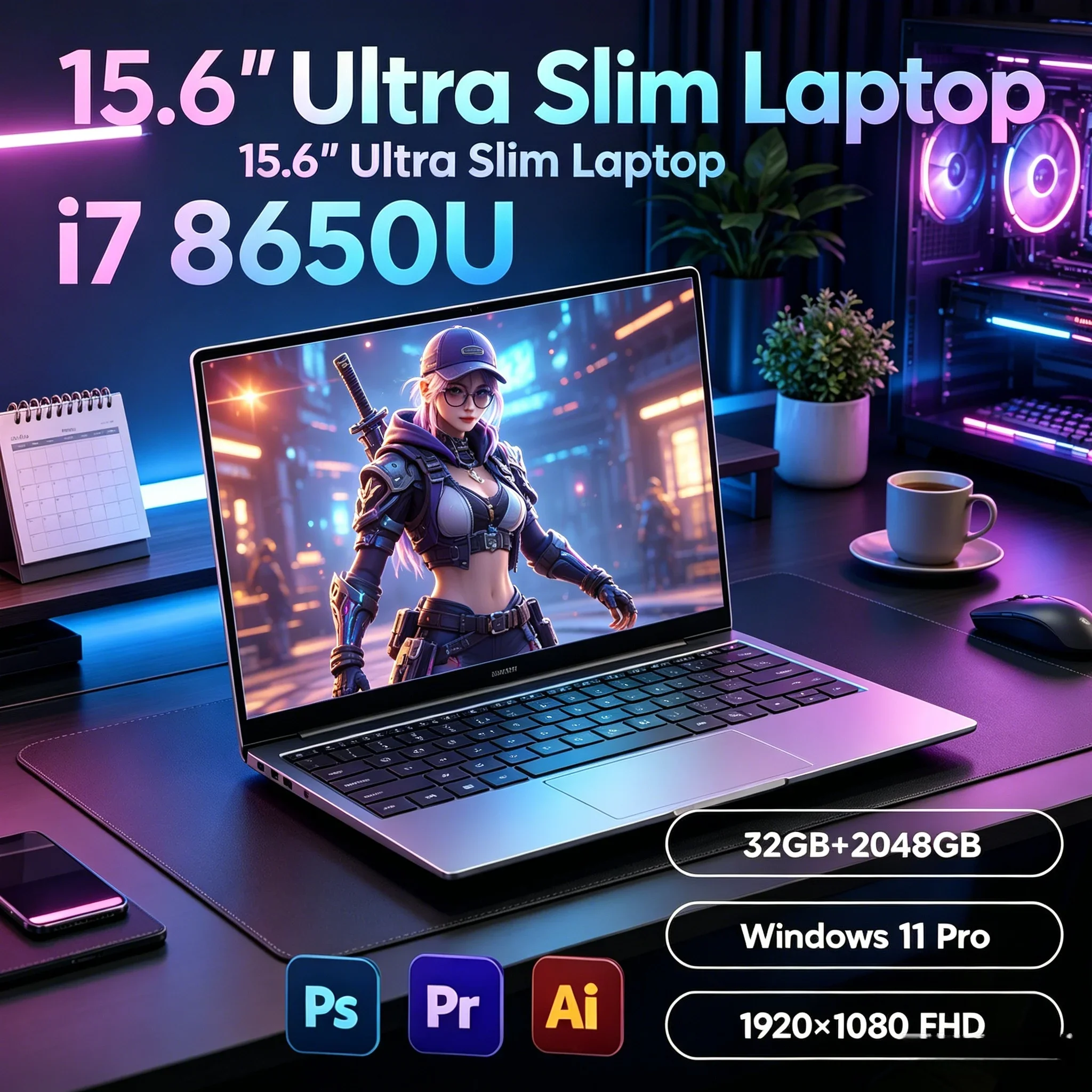 

Premium 15.6" Notebook PC Intel Core I7‑8650U 32GB RAM Large 2TB M.2 SSD Windows 11 Pro Ultra Slim Office Study Laptop