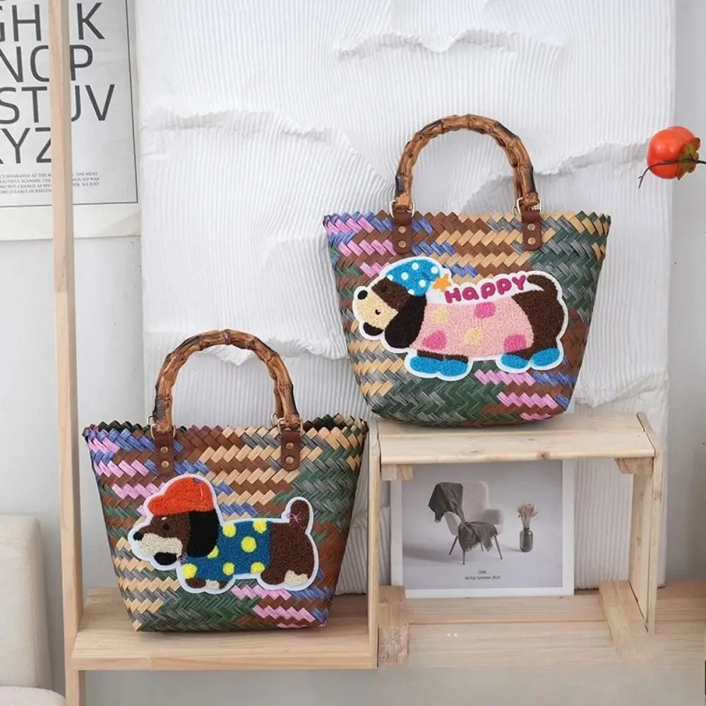 

Creative Retro Striped Woven Bag Puppy Pattern Bamboo Handle Weave Tote Bag Hand-woven Texture INS Summer Women's Handbag