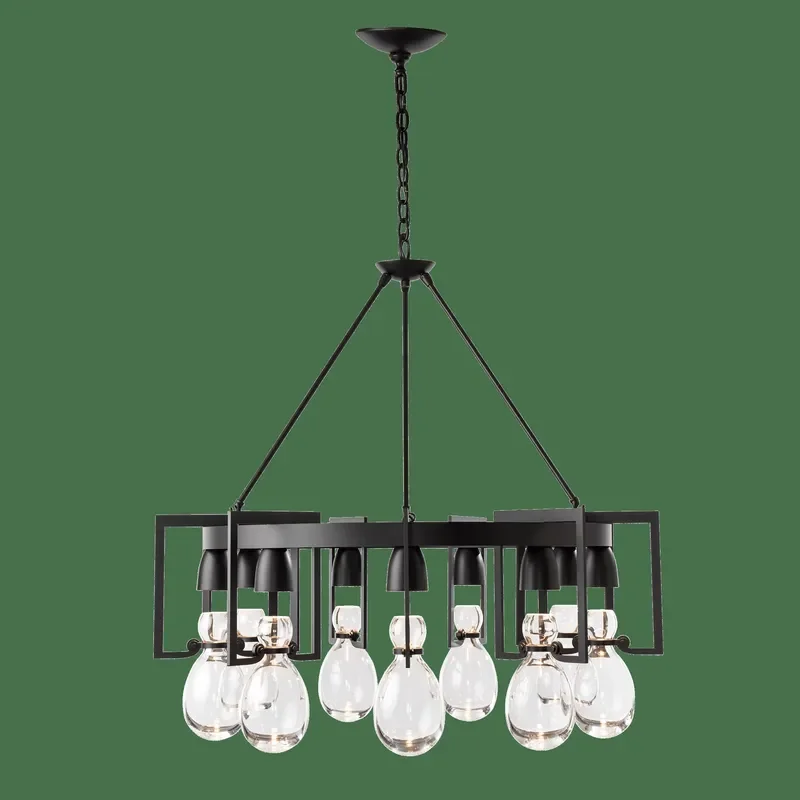 Black Metal 9 Light Round Chandelier Hand Blown Glass Pendant Lamp for Living Room Dining Table Kitchen Island Modern Ceiling