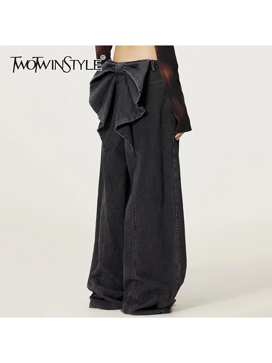 

TWOTWINSTYLE Solid Loose Casual Jeans For Women High Waist Temperament Spliced Bowknot Wide Leg Pant Female Fashion Style New