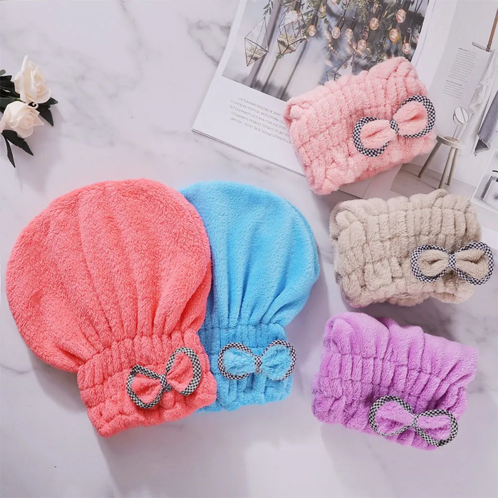 5 Color Coral Fleece Dry Hair Cap Absorbent And Easy To Dry Bow Shower Cap Bathroom Wipe Head Towel Cap Women\'s Sauna Decoration