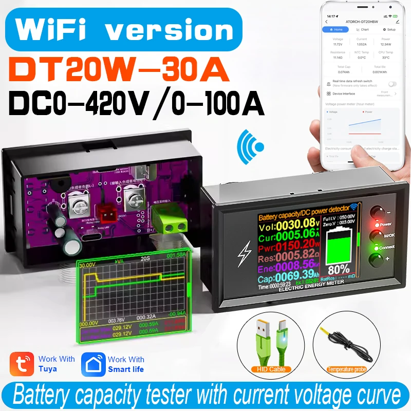 DC 0-420V Tuya WiFi Smart Lithiumbatterij Capaciteit Detectie Tester DC digitale Display Stroom Spanning Coulomb Power meter DT20W