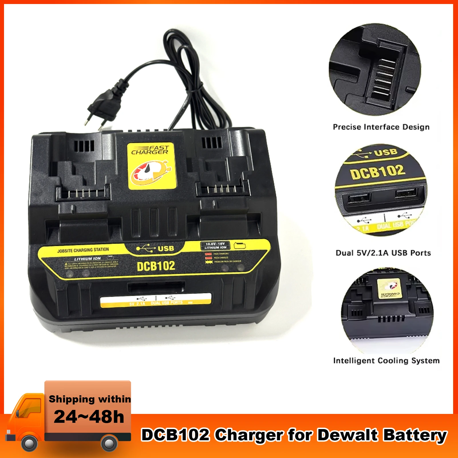 NEW DCB102 Charger Rapid 2 Slide Port 4A Charging Current USB 2A DCB200 DCB140 For Dewalt 10.8V 18V 20V 60V Lithium Battery