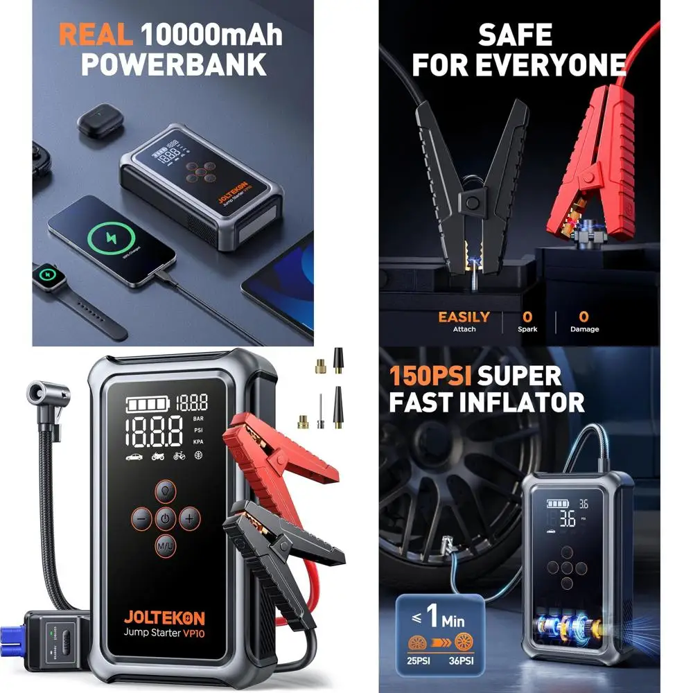 

Стартер с воздушным компрессором, портативный автомобильный аккумуляторный стартер 5000 А (ALL Gas/10L Diesel) с шиной с автоматическим отключением 150PSI