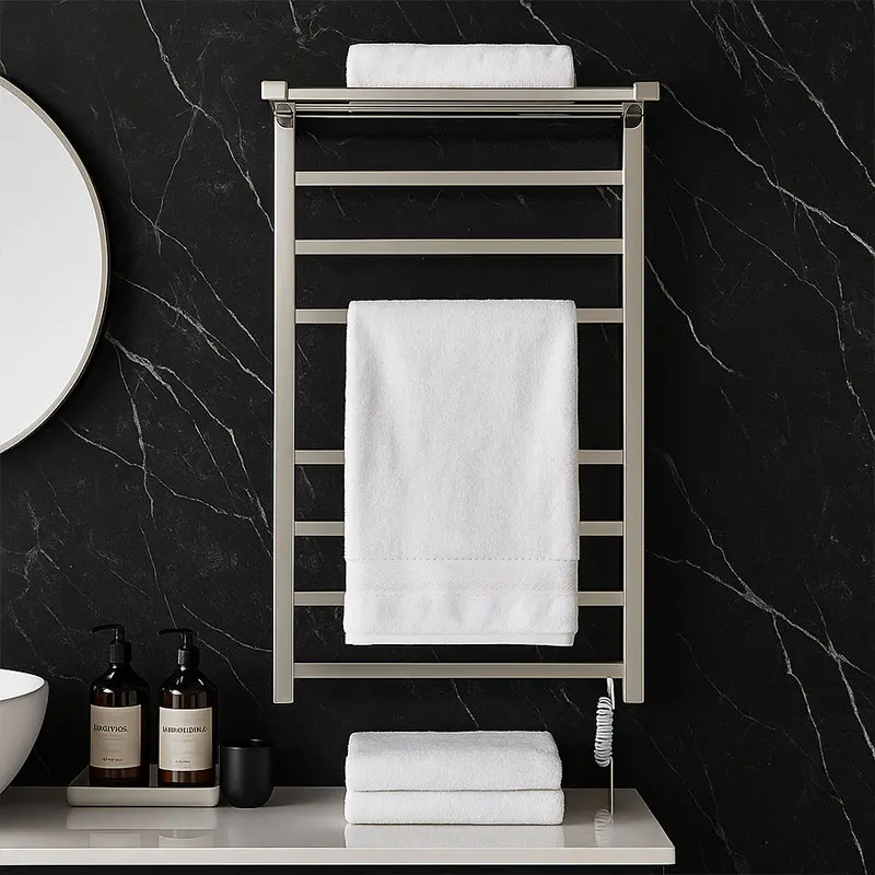 Modern Square Shape 304 Stainless Steel Electric Heated Towel Warmer with Top Shelf Waterproof Anti Rust Design