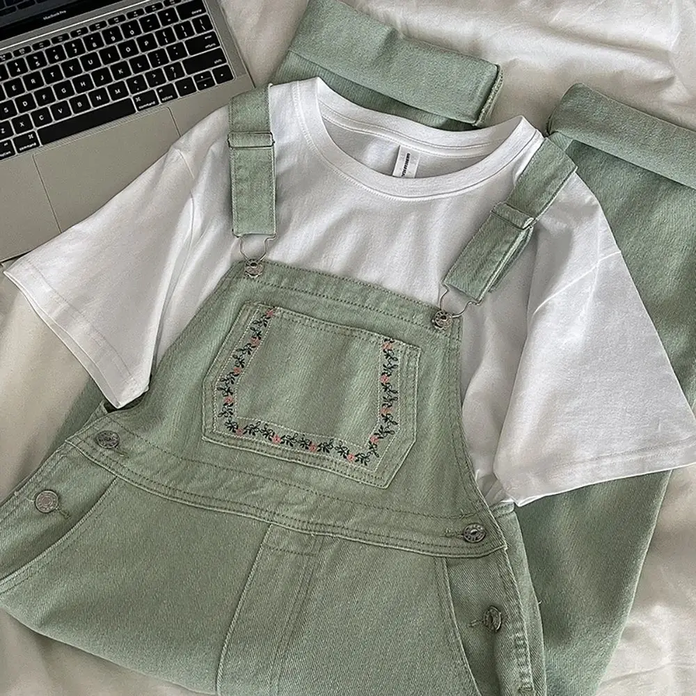 

Women Jumpsuit Light Green Embroidery Floral Denim Pants Overalls Spring Autumn High Waist Straight Loose Straps Suspender Jeans