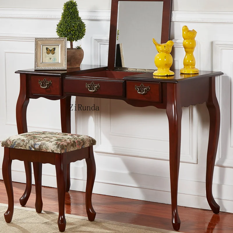 ~American solid wood dressing table clamshell with mirror dressing table computer integrated table multi-function light luxury