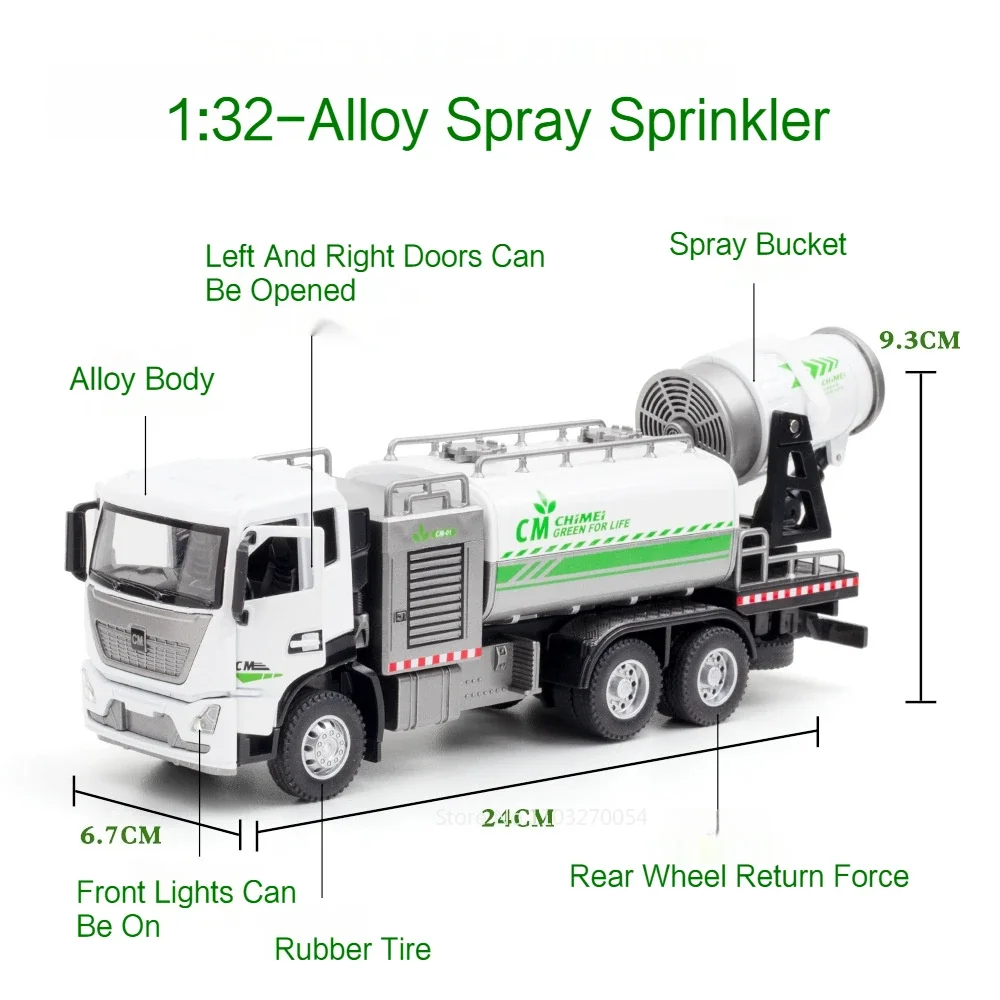 1/32 Spray Sprinkler Truck Model Toys Car Alloy Diecast Engineering Vehicle Doors Opened Sound Light Pull Back Toy Gift for Kids