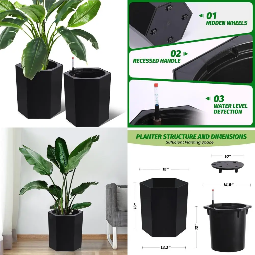 

Self-Watering Outdoor Planters Set of 2, 16 Inch Tall Pots with Water Level Indicator, Drainage and Wheels for Easy Indoor Plant