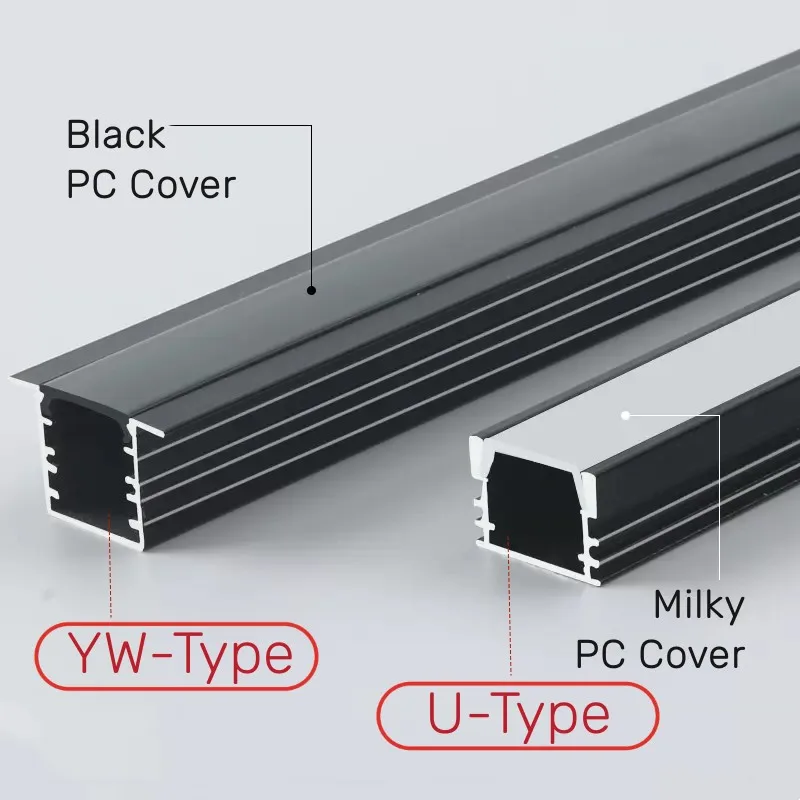 Tira de luces LED en forma de U/YW, soporte de canal oculto empotrado, difusor de cubierta lechosa, barra dura, 0,5 m/1m/1,5 m, dorado/negro