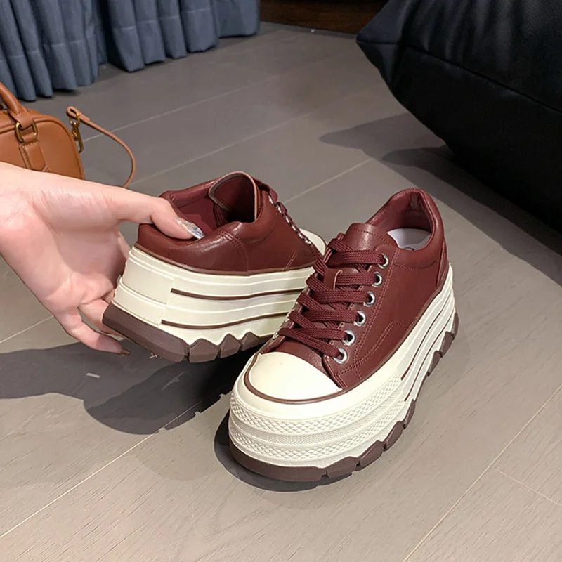 2025 New Thick-soled Shoes Women's Retro Red Leather Lace-up Casual Shoes Platform Non-slip Flat Versatile Sneakers Girls Gift