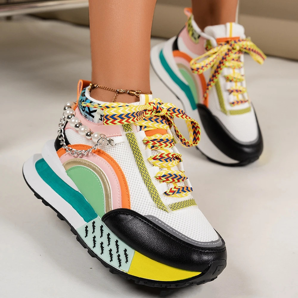 Women Colorblock Patch Design Breathable Mesh Chain Decor Lace-up Casual Boat Sneakers Spring Autumn Fashion Casual Sports Shoes