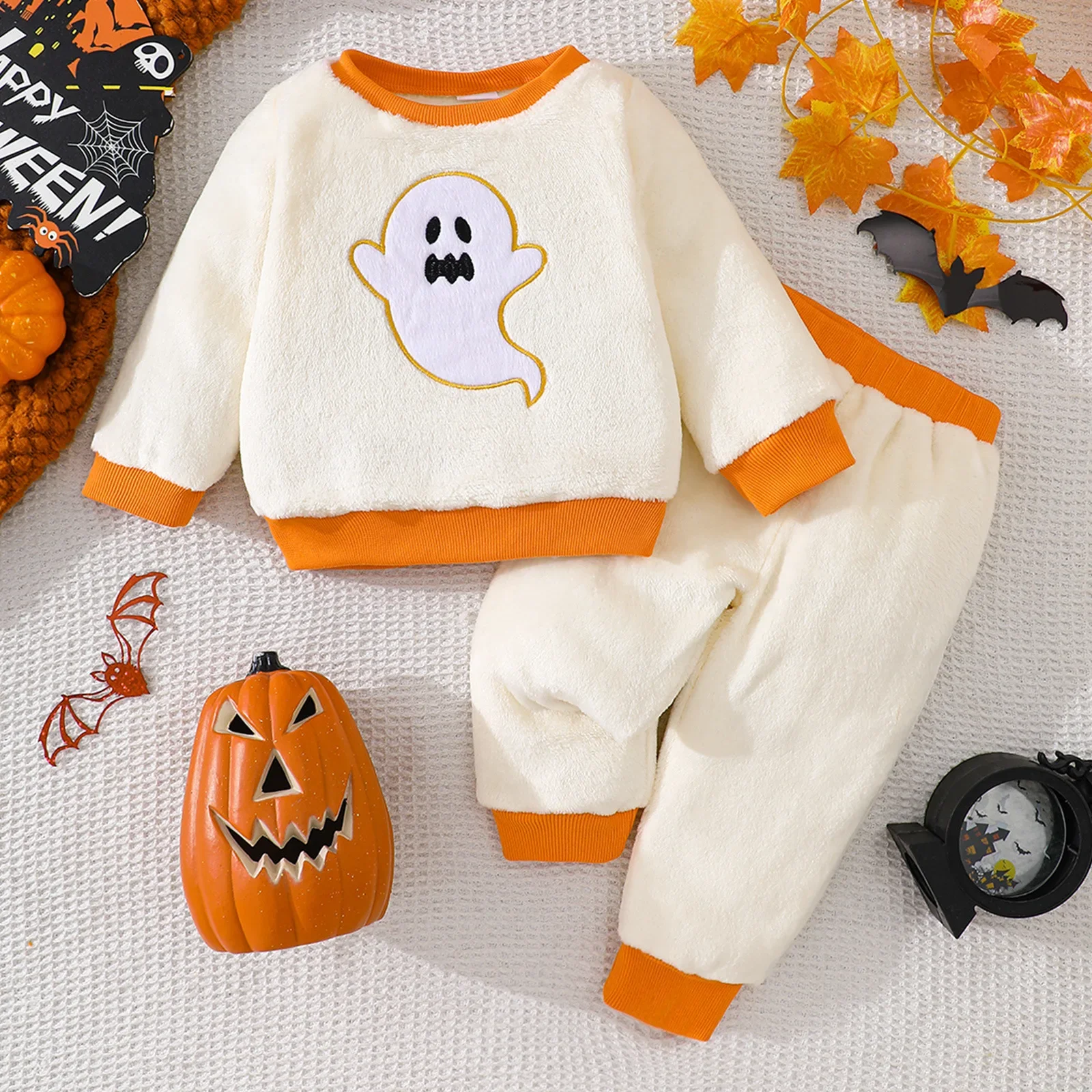 

2025 New Halloween Baby WarmFlannel Long Sleeve Homewear Set 6M - 4Y Children Festive Ghost Pattern Loungewear