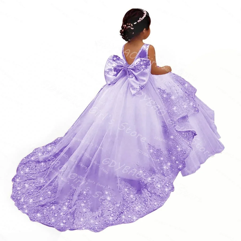 Sky Blue Princess Pageant Dress With Train 2025 Birthday Gown Kids Beaded Lace Flower Girl Dress Customized Wedding Party Frock