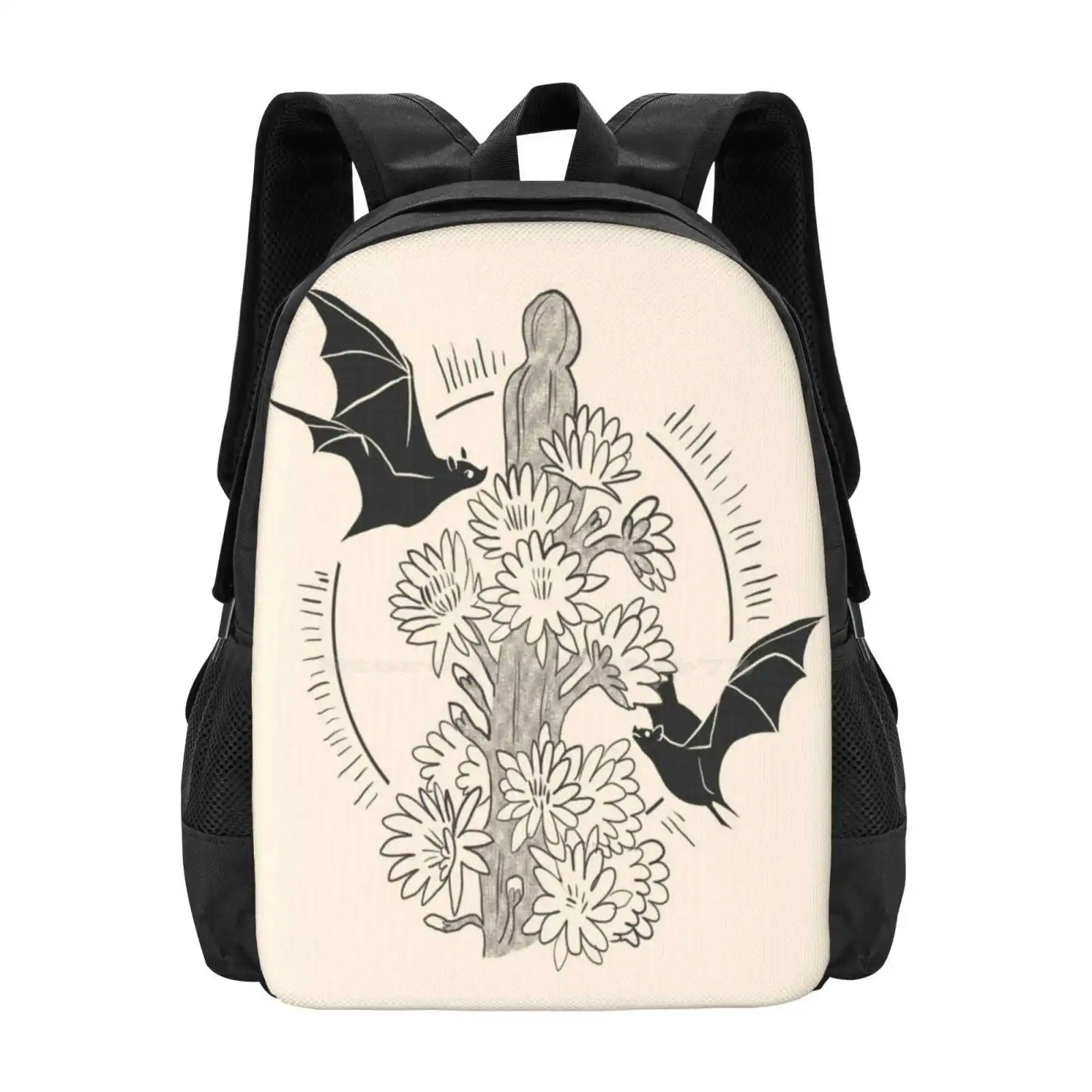 Night Bloom-Bolsa de diseño con patrón de murciélago, mochila para estudiantes, Cactus de murciélago, flor nocturna, Flora, Fauna, bruja, Halloween, Simple