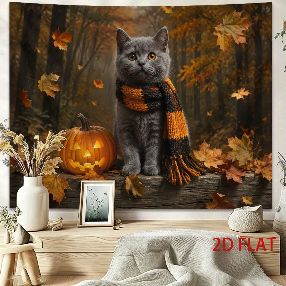 2D Flat,1pc Printed Tapestry, Grey Cat with Scarf & Pumpkin, Autumn Wall Decor, for Living Room,Bedroom,Dorm