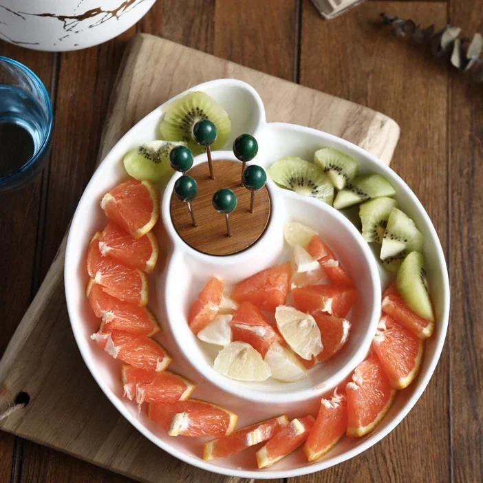 

New Ceramic Fruit Plate with Fork Household Simple Snack Plate Grid Dim Sum Plate Candy Plate