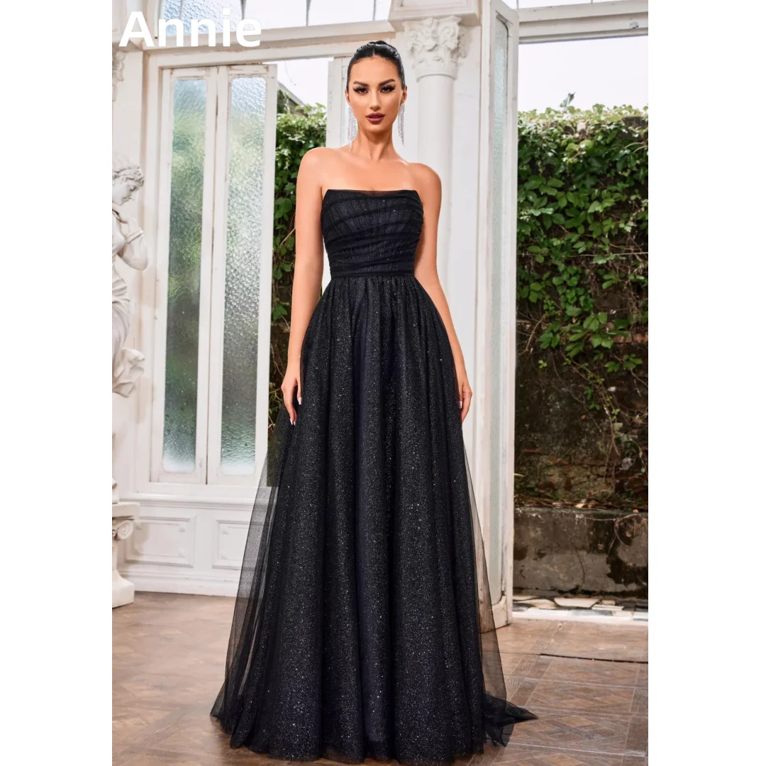 

Annie Black Prom Dresses Glitter Tulle Special Occasion Sexy Strapless EveningDresses Formal Wedding Party Dress Robes De Soirée