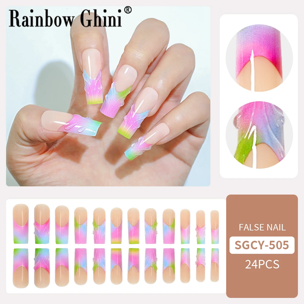 24 pièces/lot longs 3D colorés presse sur ongles alternatifs dégradé Kawaii Y2K ongles de plage adhésif réutilisable faux ongles faits à la main conseils