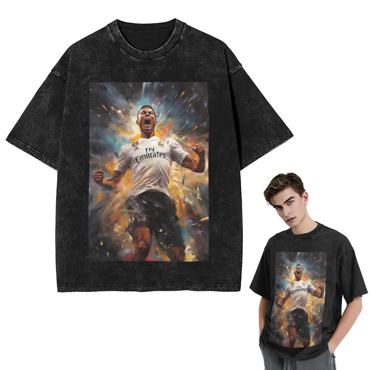 Streetwear T-Shirts Cristiano Ronaldo Jumps 1 Washed T Shirt Short Sleeve Hip Hop T-Shirt Tops Tees for Men Women