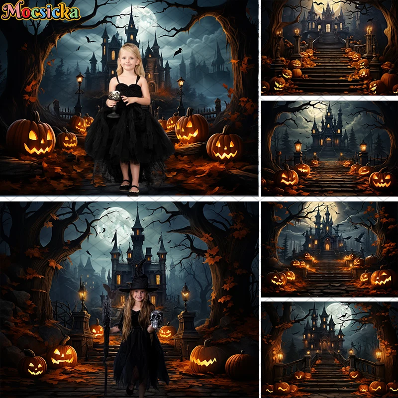 

Autumn Halloween Background For Kids Portrait Holiday Party Photography Horror Castle Forest Pumpkin Decor Studio Photo Props