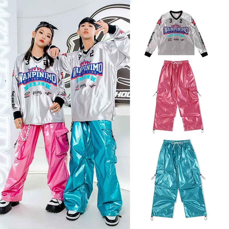 Jungen Hip Hop Silber T-shirt Street Dance K-pop Cargo Hosen Mädchen PU Leder Lose Kleidung Set