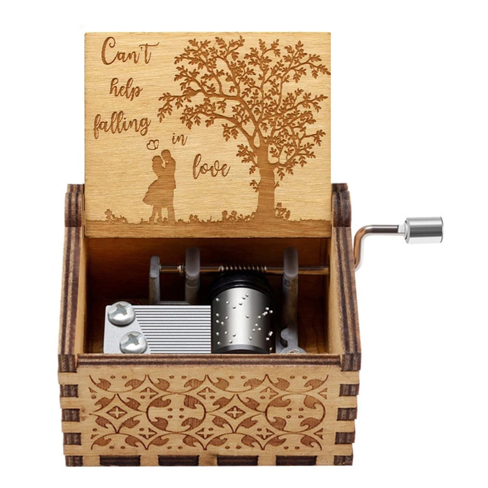 Carved Wooden Hand Crank Music Box, Can't Help Falling in Love, to Love's End, You Are My Sunshine, Birthday Gift for Girlfriend