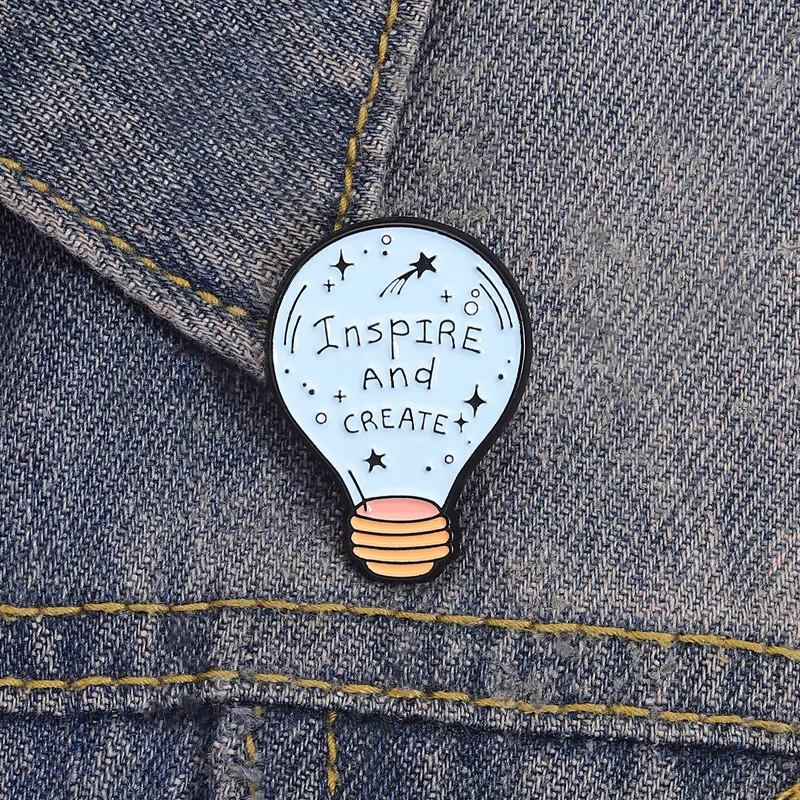 Pins Cartoon Light Blue Light Bulb Creative Brooch Inspires Creates English Slogans Metal Decorations Badges Brooches on Clothes