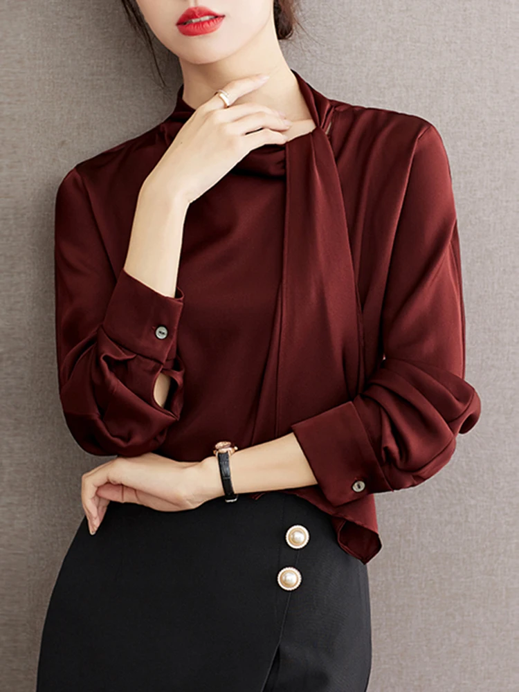 Women Clothing Casual Top Elegant Long Sleeve Shirts Vintage Solid Color Blouses Korean Style Loose Tops