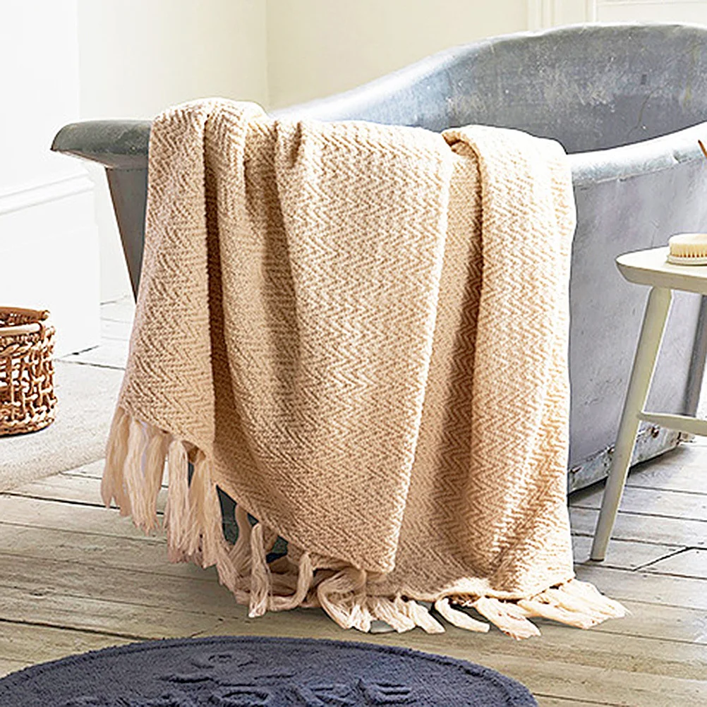 

130X160Cm Warm Beige Tassel Blanket Knit Crochet Cover For Home Sofa Bed Simple Design Soft Keep Warm Blanket All-Season Use