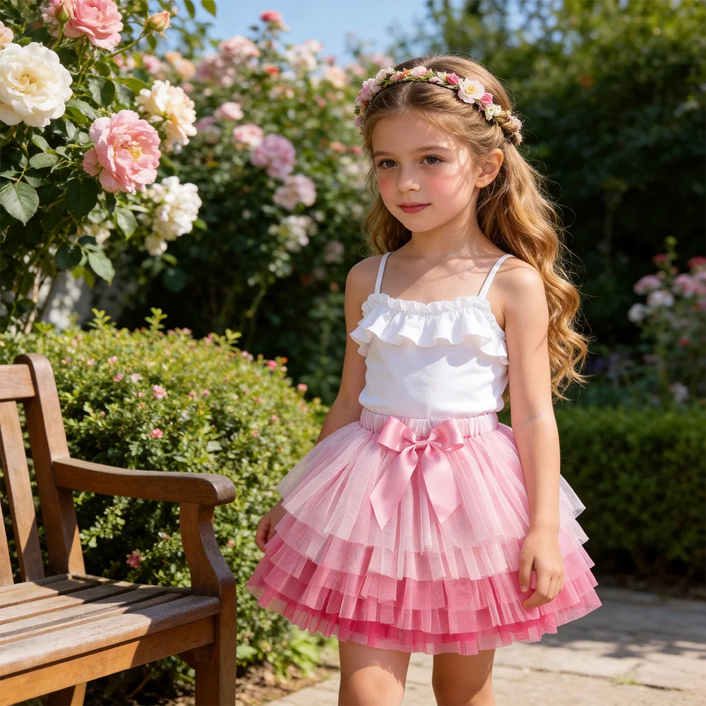 VIKITA Mädchen-Tutu-Rock aus rosa Ombre-Tüll mit Schleifenknoten, für Kinder, Prinzessin, Ballett, Prinzessin, Party, Tanz, lässig, elegant – Detail 2