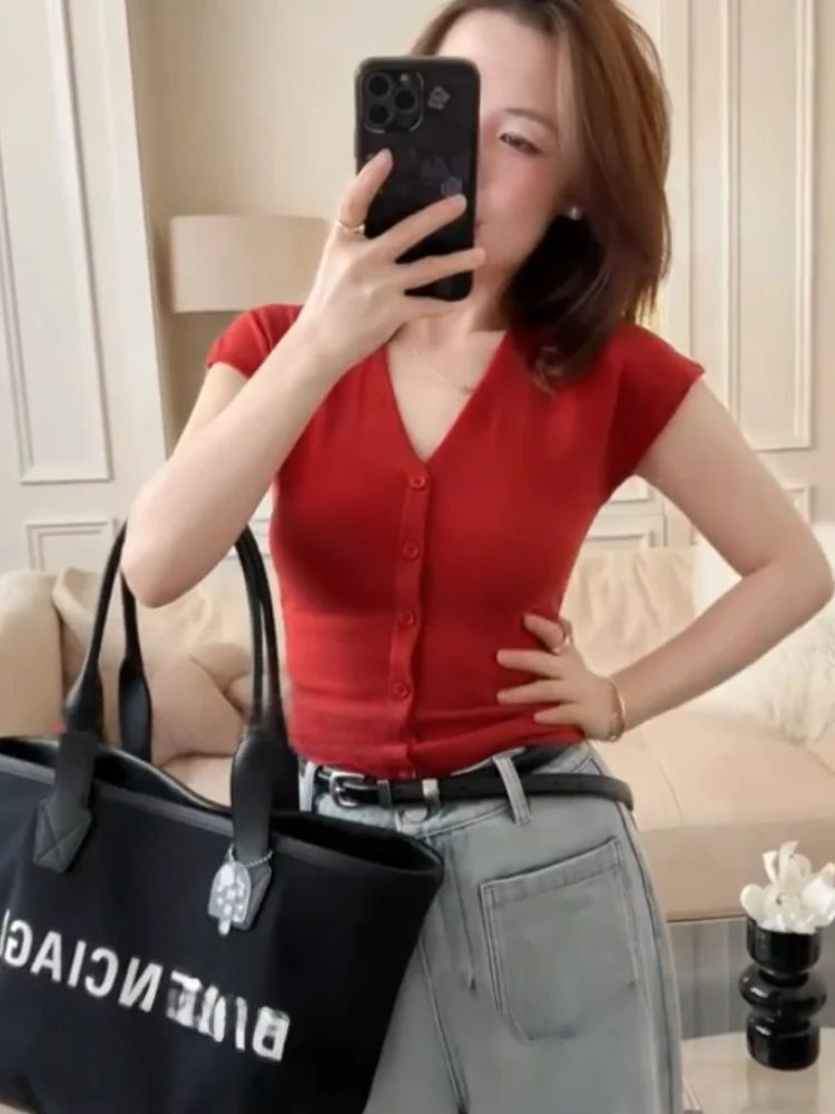 Top lavorato a maglia in seta di ghiaccio V-Ne di colore puro Estate da donna dimagrante ort Sve Base irt T-shirt ampia coreana versatile Sle