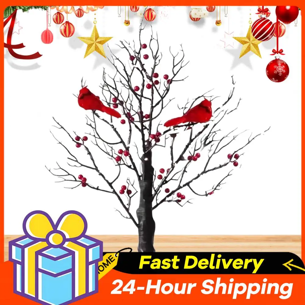 2/1 قطعة شجرة متوهجة مع الكرادلة مع التوت الأحمر والطيور بطارية تعمل مصباح شجرة الطاولة لعيد الميلاد المنزل حفل زفاف