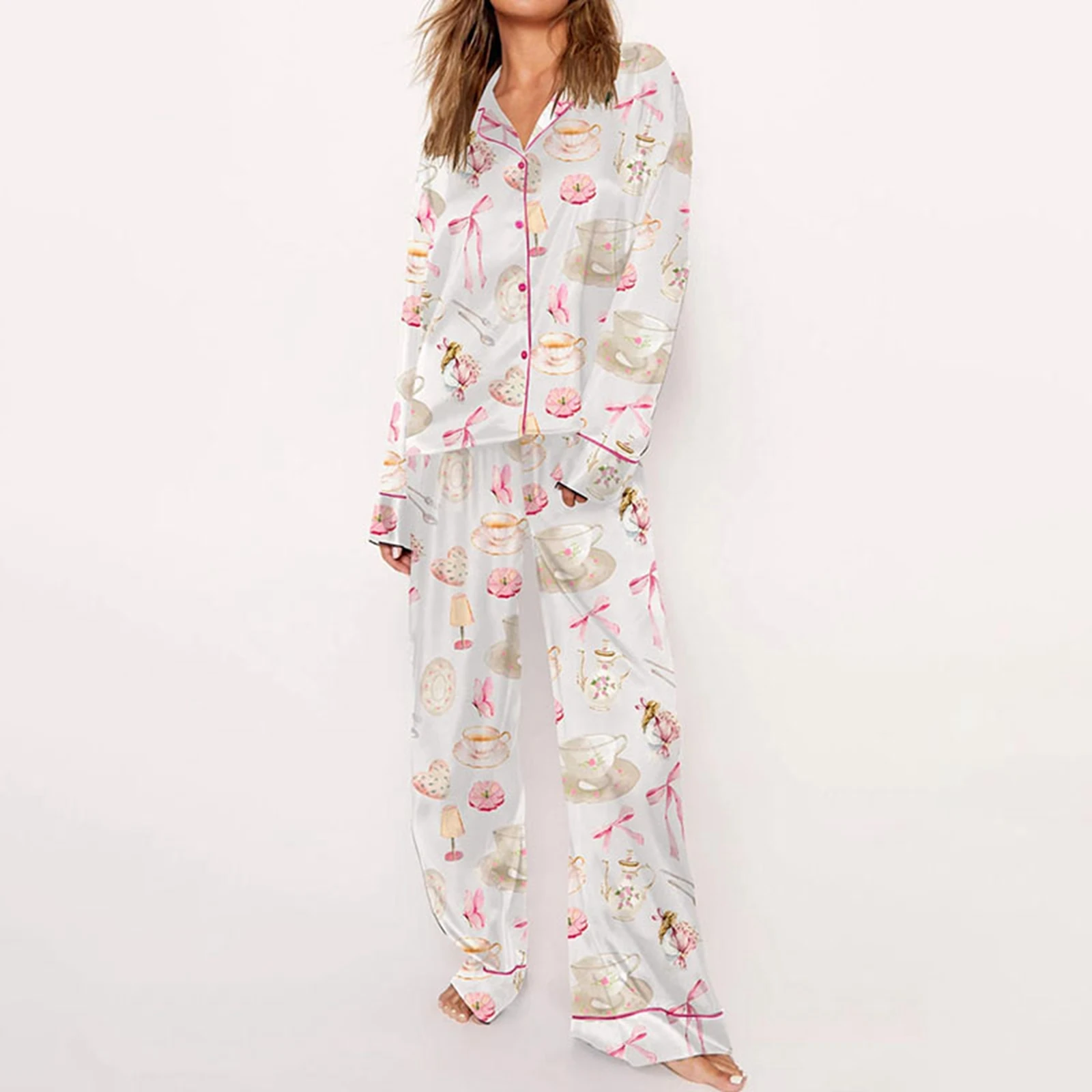 Women\'s Pajama Sets Loungewear Set Cartoon Print Long Sleeve Lapel Button Shirt with Elastic Waist Pants 2 Pieces Sleepwear