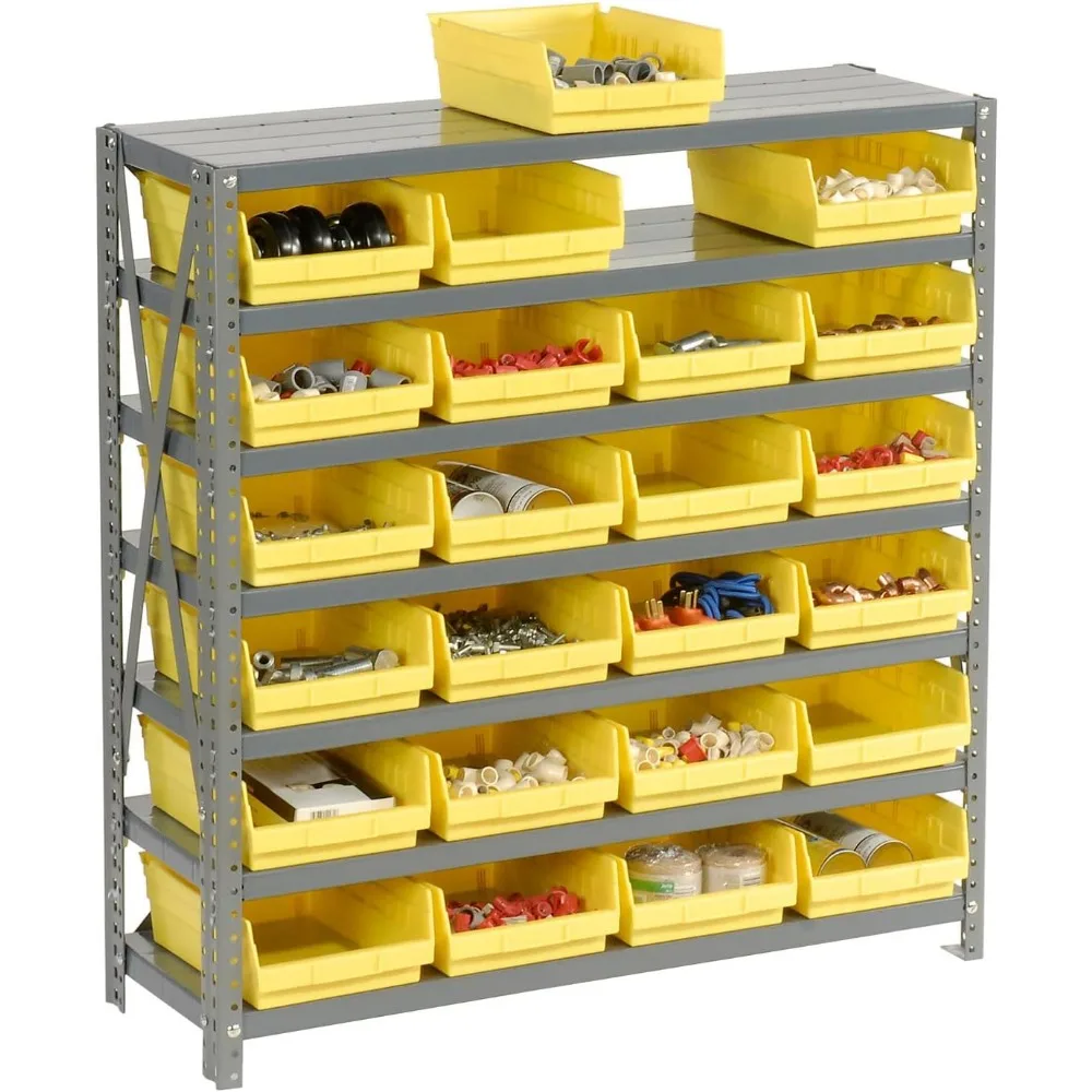 Rak Penyimpanan Baja 7 Tingkat dengan 24 Tempat Penyimpanan Plastik, Abu-abu dan Kuning, Lebar 36 x Dalam 12 x Tinggi 39, Kekuatan Industri, Berat