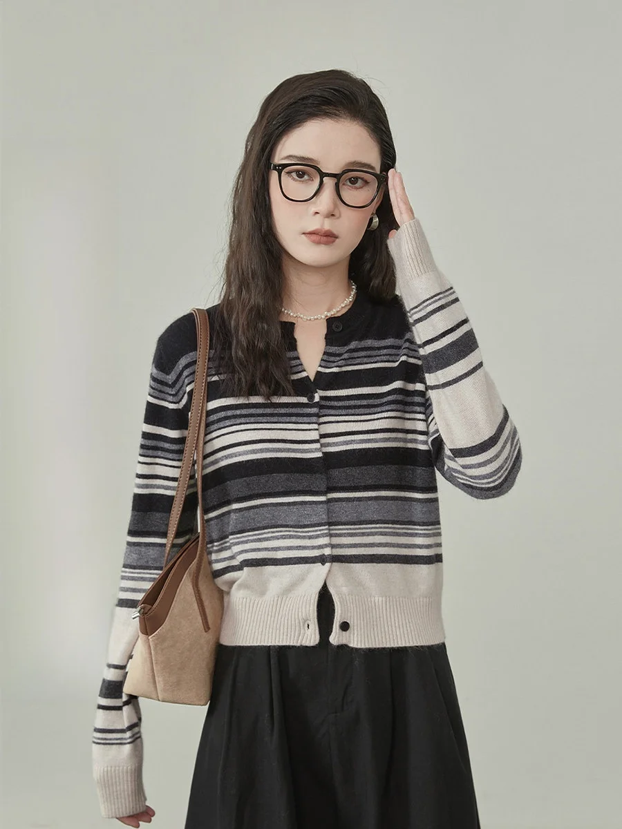 

Striped Knitwear Women's Spring 2026 New Sle Versatile Quali Open Cardigan Top Commute Sle Long Sve round Ne Butto...