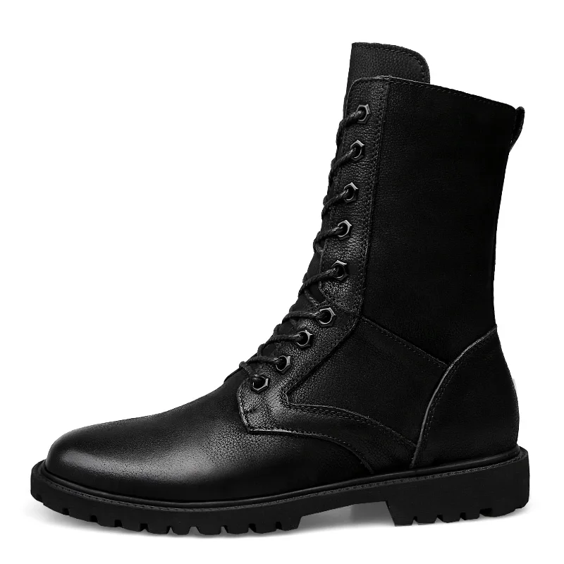 Winter Men High Leather Boots Combat Tactical Shoes Hunting Pure Black Plus Big Size 49 50 51 52