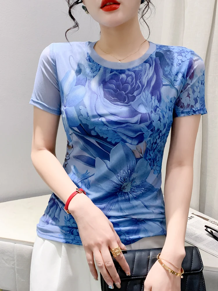 패셔너블 미 티셔츠 여성용 라운드넥 슬리밍 뷰티풀 프린트 탑 여름용 한국 스타일