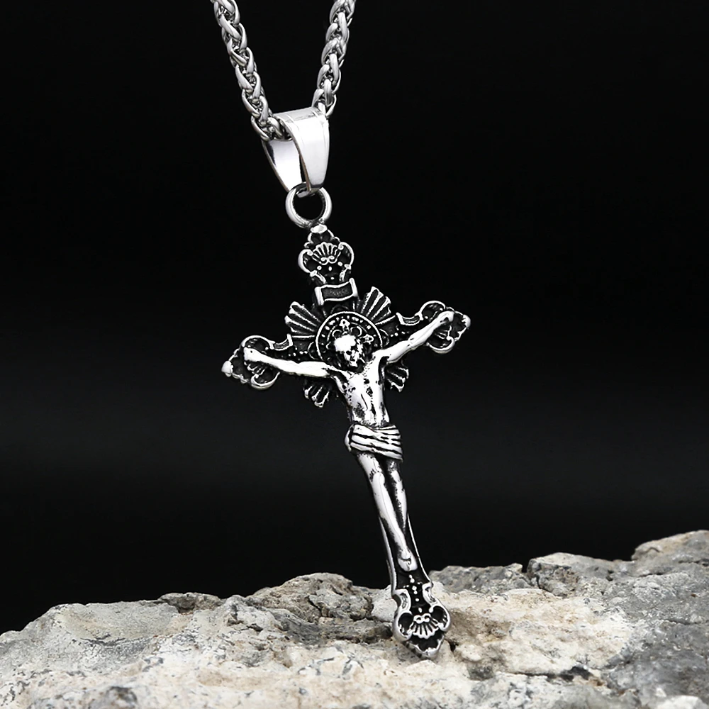 خمر 316L الفولاذ المقاوم للصدأ يسوع الصليب قلادة قلادة للرجال النساء الدين تميمة موضة الهيب هوب مجوهرات هدية ارتداء اليومي
