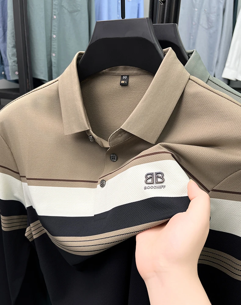 Light luxury fashion brand emboss long sleeve men's polo shirt personality color blocked spring new comfort youth casual T-shirt