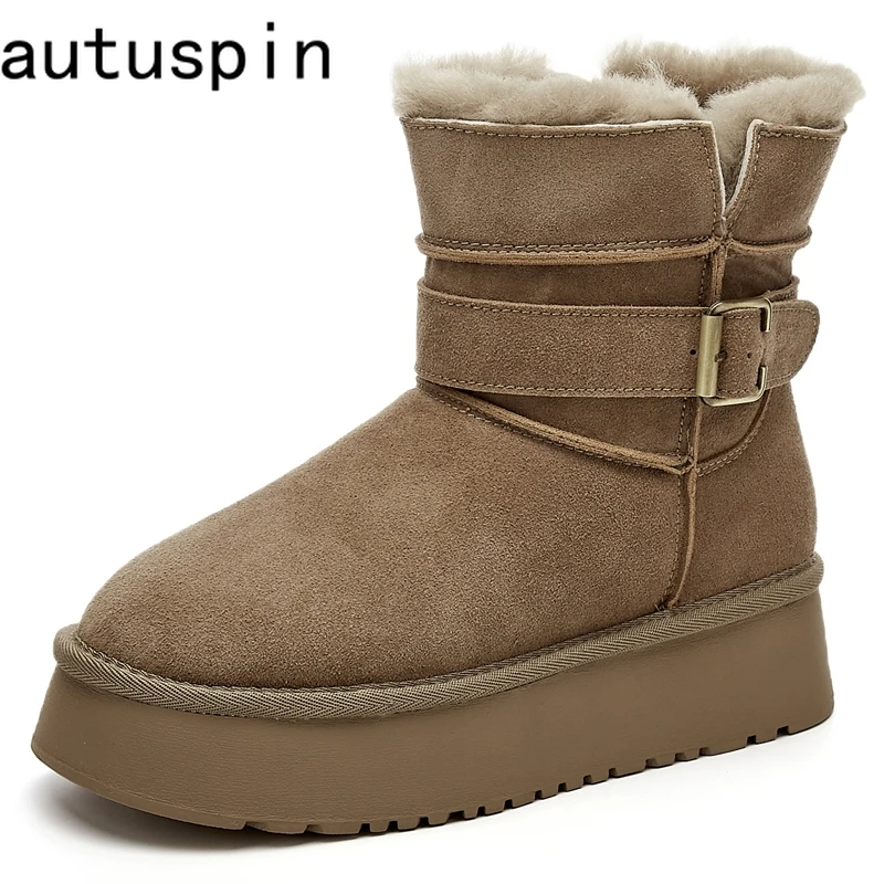 

AUTUSPIN Winter Thicken Warm Snow Boots Woman Fashion Outdoor Non-slip Ladies Short Boot Flat Platform Women Suede Leather Shoes