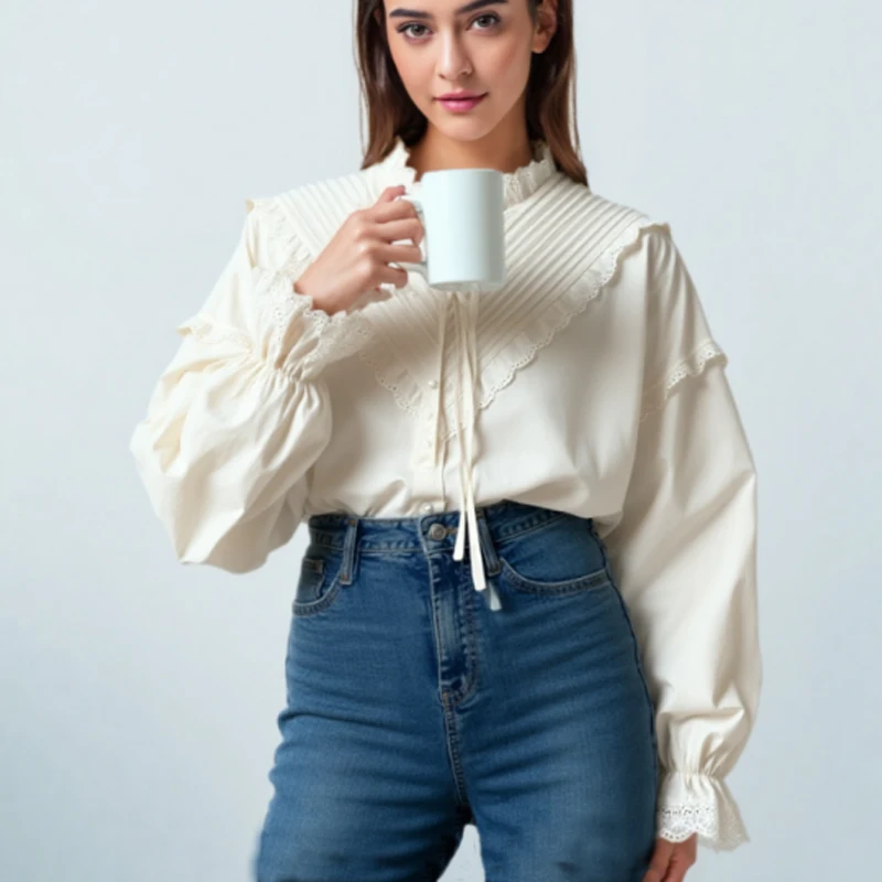 Autumn New Vintage Long Sleeve Lace Blouse Sweet Hollow Out Lace Up Loose Button Blouses Elegant Ruffle Women's Shirt 9580