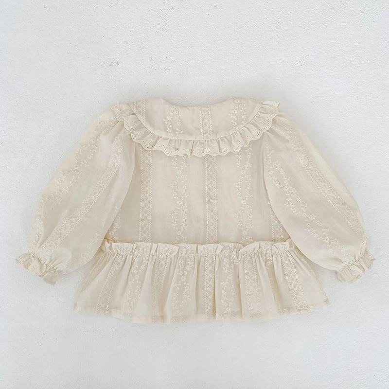 Koreanischer Stil Baby-Mädchen Spitzenbluse mit Puppenkragen, Herbst Langarm-Rüschenhemd, Besticktes Rüschen-Prinzessinnen-Oberteil für Kinder, Lässiges Top – Detail 3
