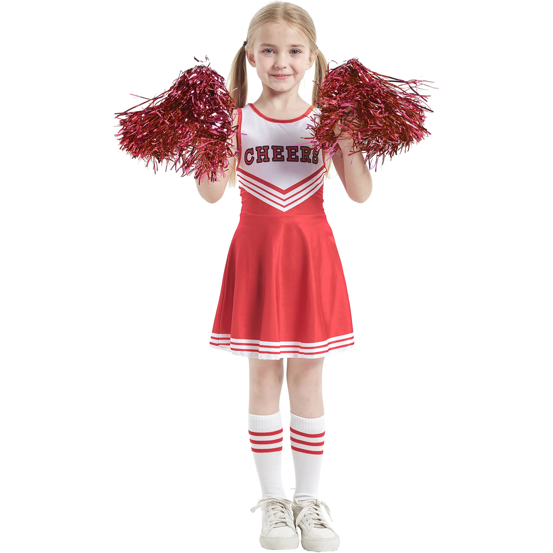 Escola Meninas Cheerleading Dança Traje Vestido Ginástica Cosplay Uniforme Carnaval Festa Halloween Traje para Crianças Pompom + Sock