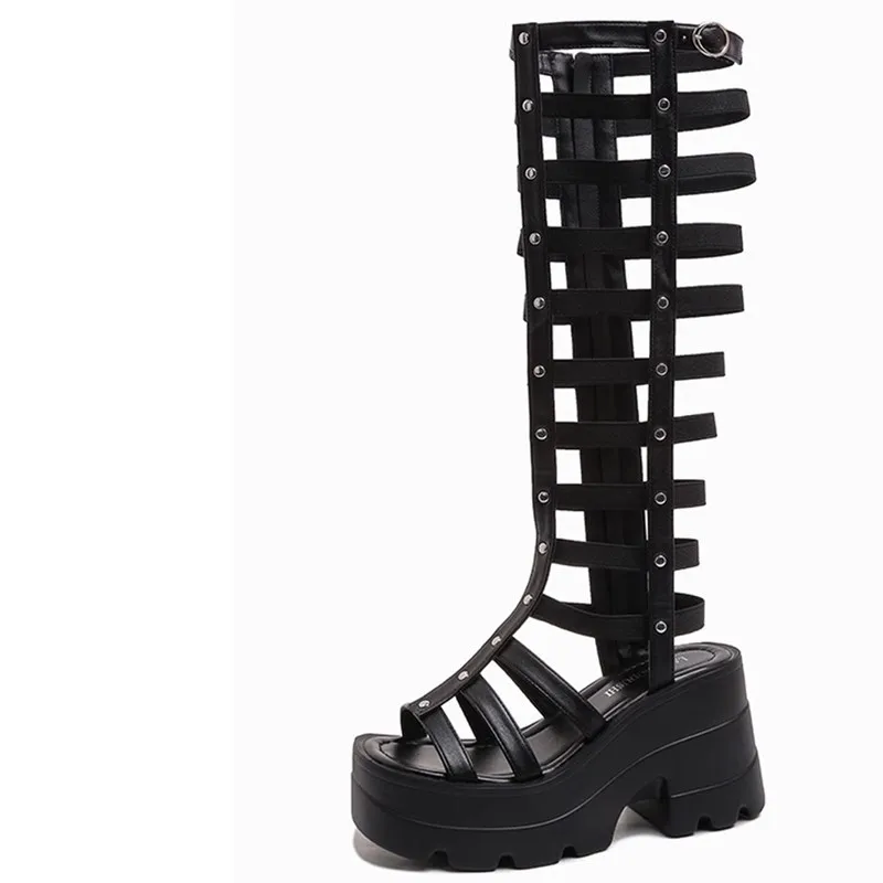 

2025 Women's Summer Boots Women Shoes Fashion Cutout High Top Sandals Breathable Striped Roman Shoes Platform Boots Thigh High