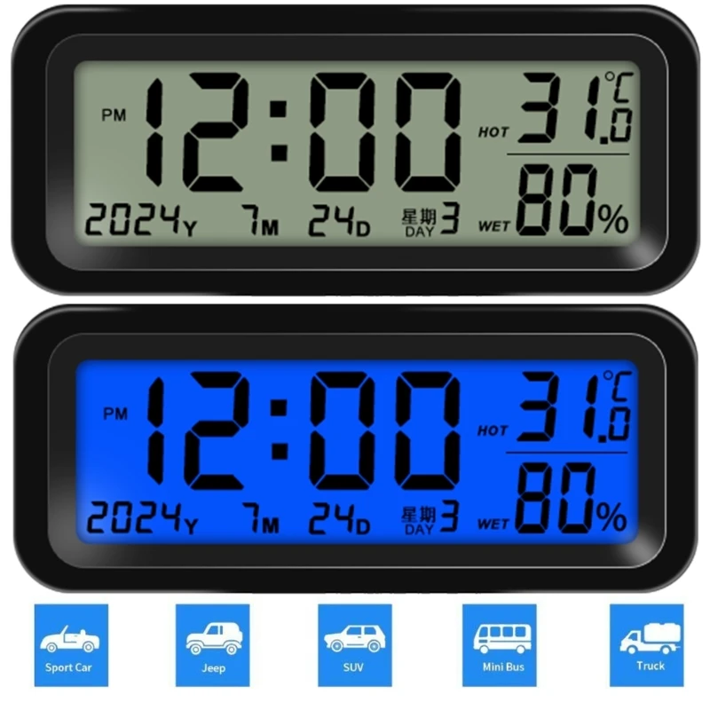 Piccolo orologio digitale, orologio da cruscotto per auto solare ricaricabile, cruscotto per camion per auto, data, umidità