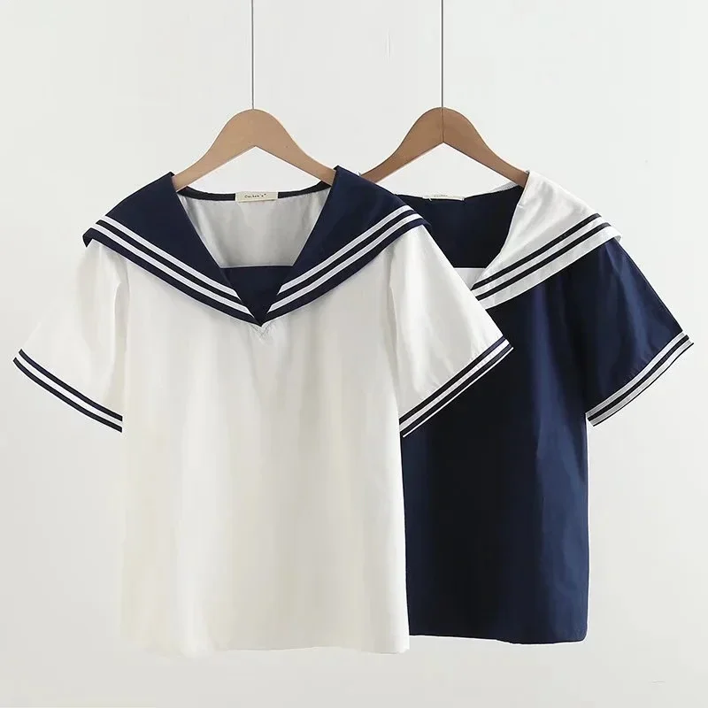 

Summer Women Navy Shirts Patchwork Blouses Pullover Short Sleeve Lady Tops Sailor Collar Female Clothing B160