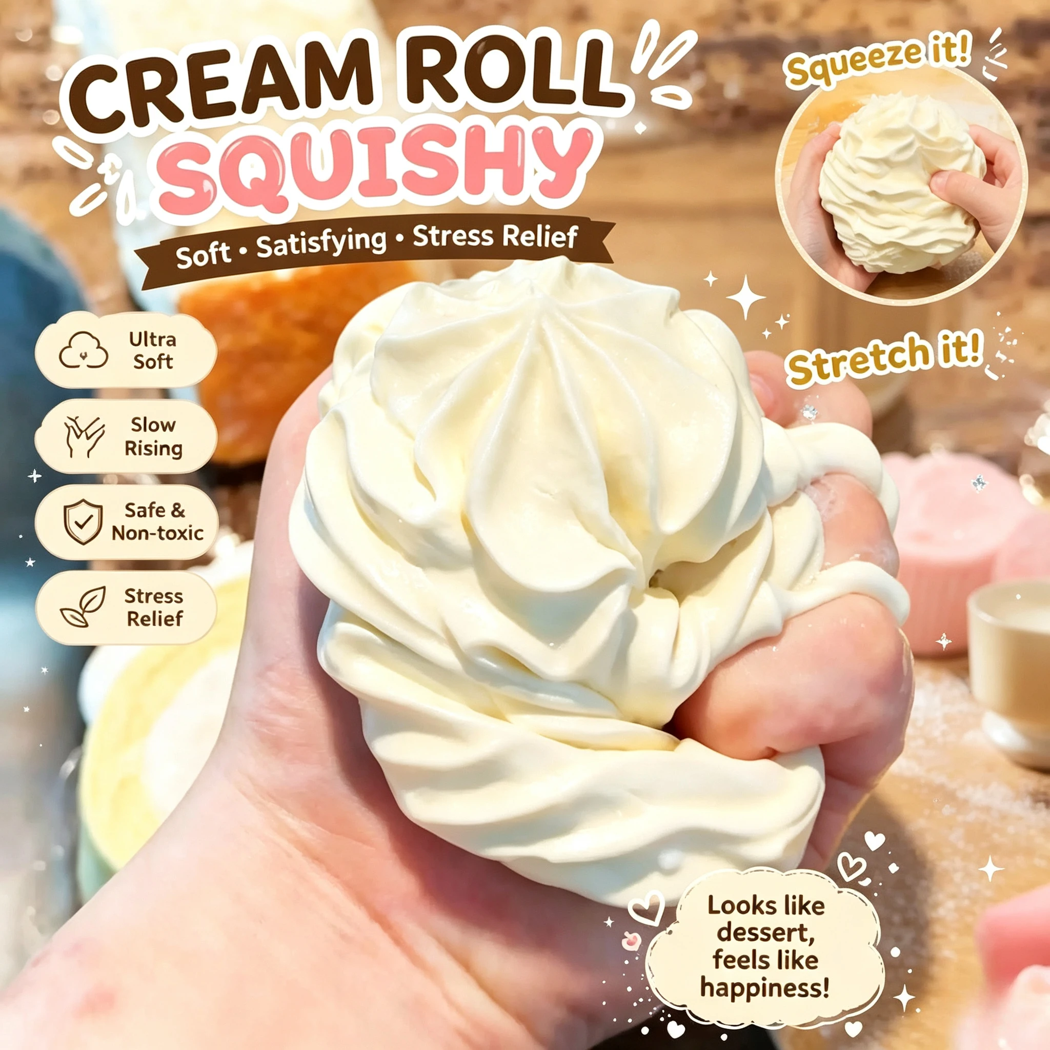 Cream Roll Cake Shape Squishy Toy Slow Rising Hand Fidget Squeeze Toy Stress Relief Decor For Kids Holiday Small Present