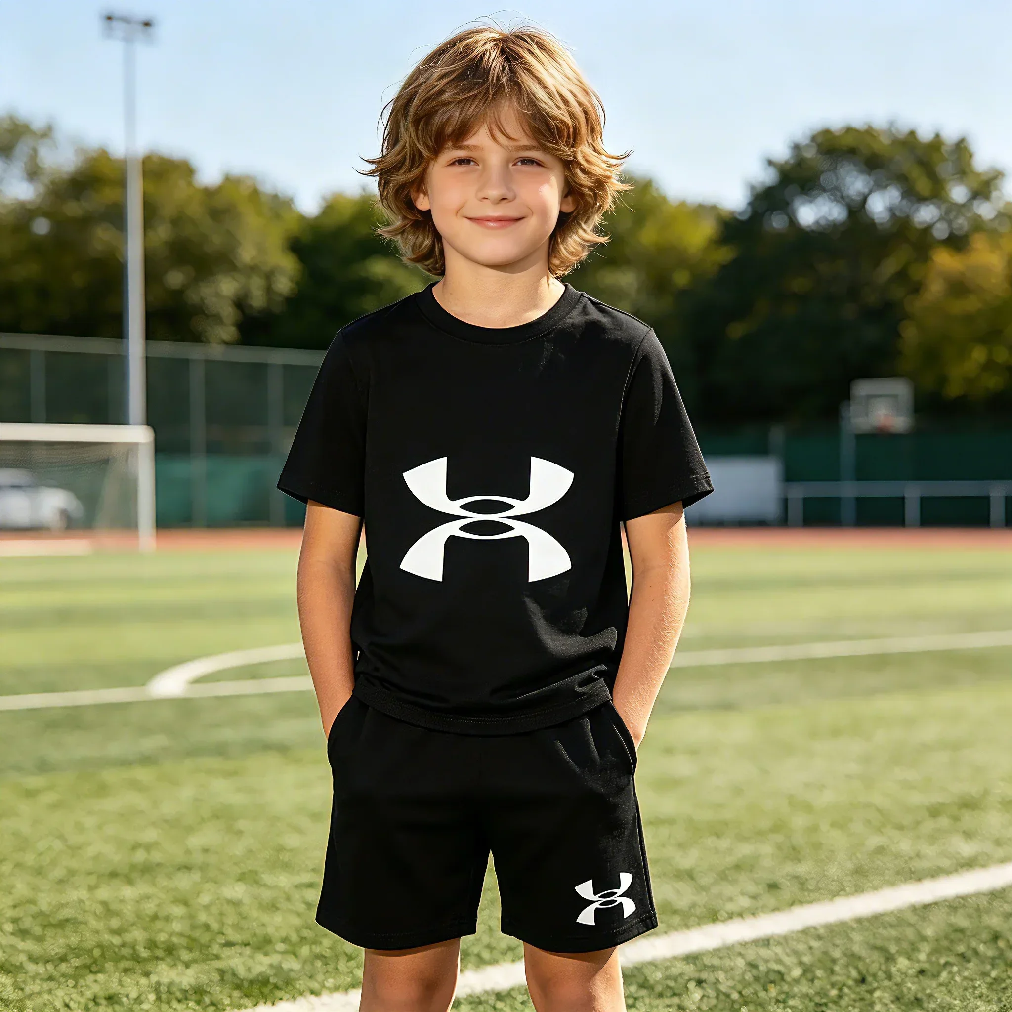 

2026 New 3-14Y Kids 2Pcs Sports Outfits Boys Creative Logo Print Short Sleeve T-Shirt + Shorts Set Fashion Breathable Children C