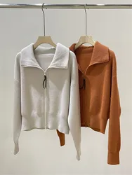 Zipped Cashmere Cardigan with Long Sleeve, Loose Short Sweater, Beaded Jacket, Fall and Winter